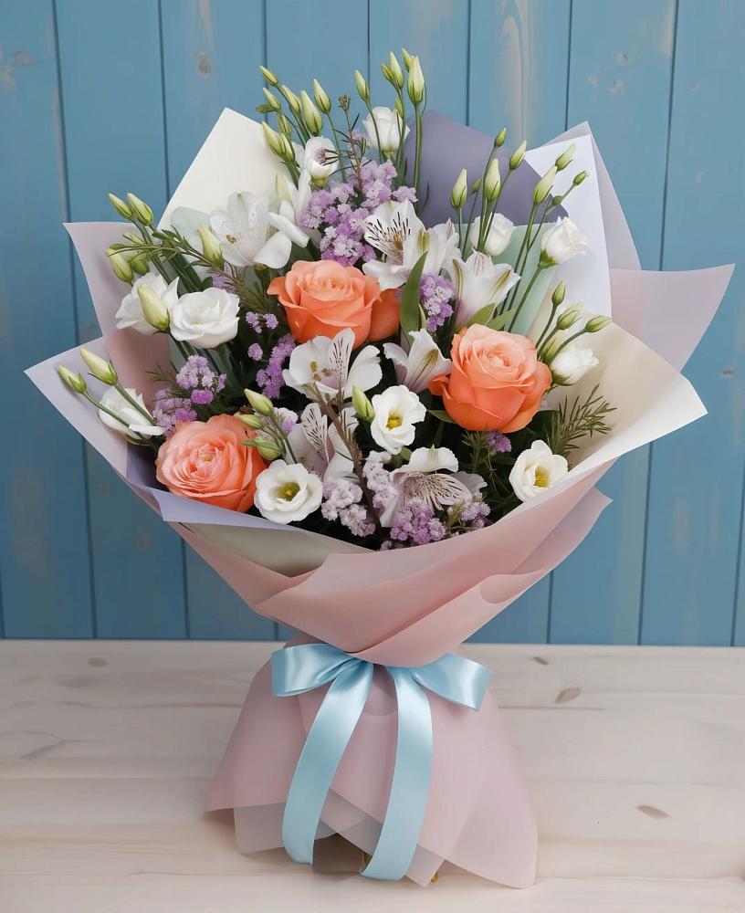 Букет цветов из: Лизиантусы, Розы, Альстромерии и Гипсофила в Черепеть