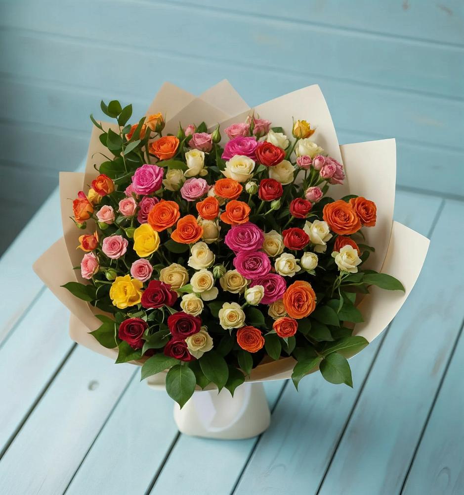 Букет Микс из разноцветных кустовых роз в Черепеть