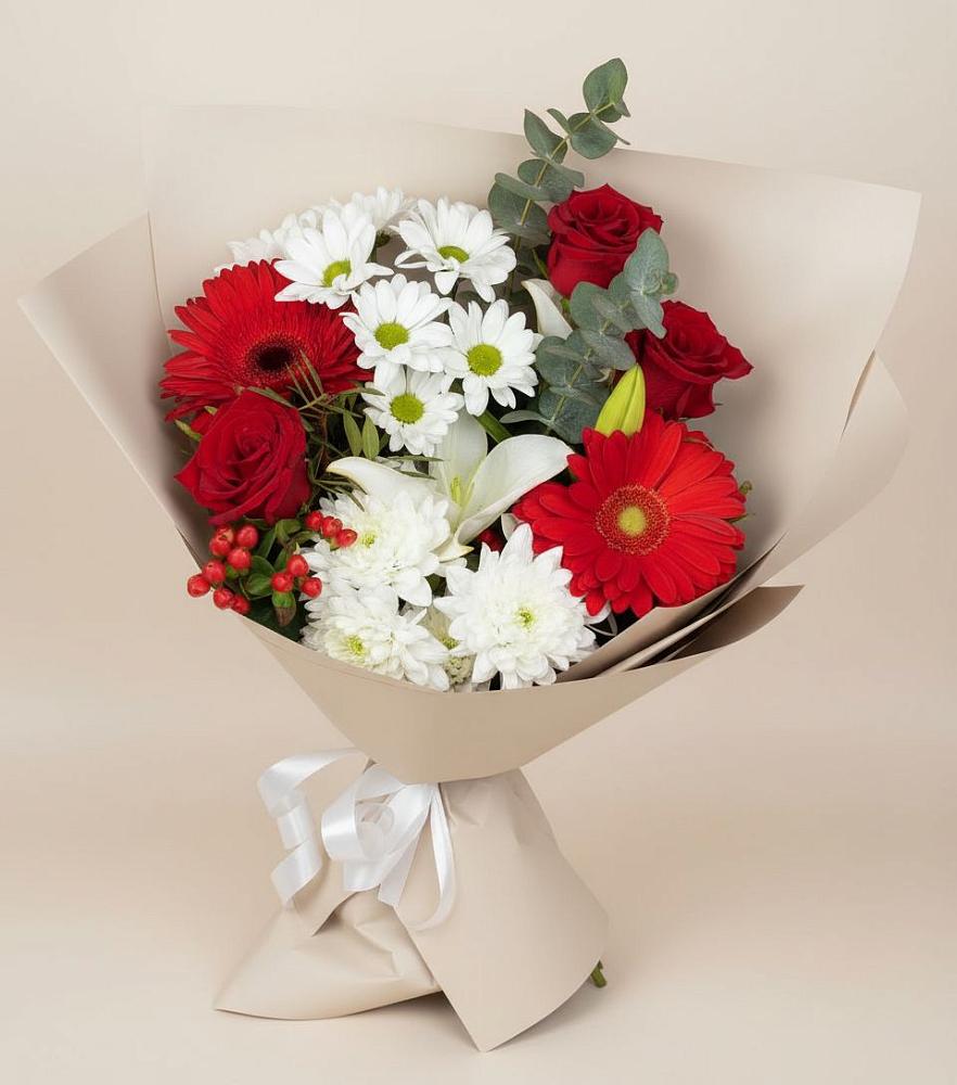 Букет цветов из: Розы, Хризантемы, Герберы и Лилии в Черепеть