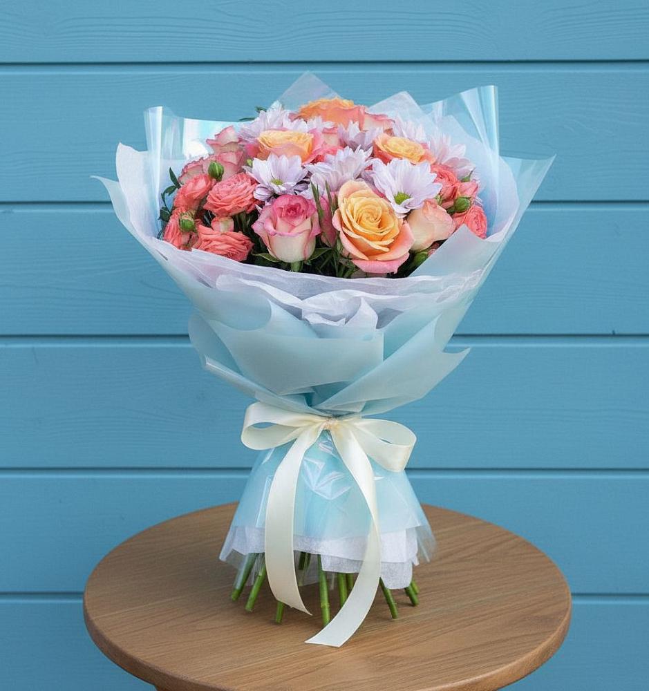 Букет цветов из: Хризантемы и Розы в Черепеть