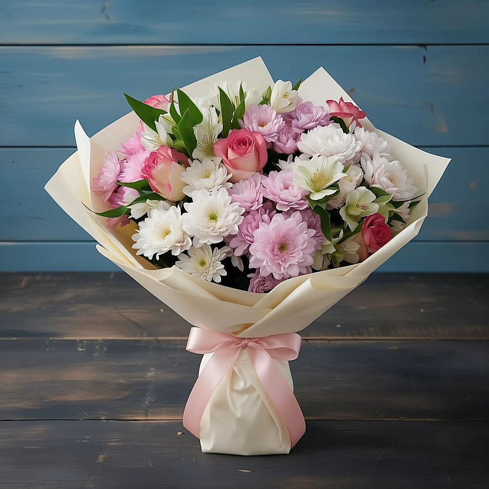 Букет цветов из: Хризантемы, Альстромерии и Розы в Черепеть